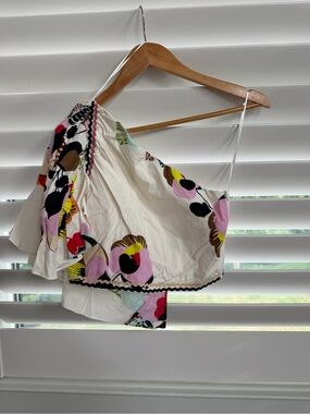 One-Shoulder Floral Crop Top in Cream with Multi-Color Print